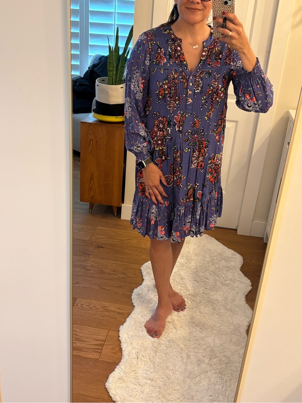 Anthropologie Blue Floral Pin-tucked Ruffled Mini-Dress - Picture 2 of 6